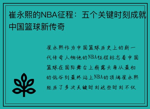 崔永熙的NBA征程：五个关键时刻成就中国篮球新传奇